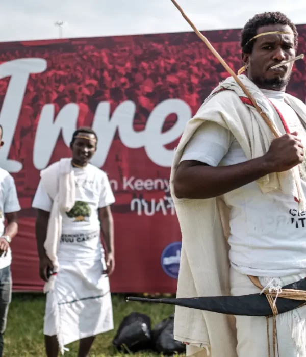 Men in traditional wraps during the celebration of Irreechaa, the Oromo people's festival of thanksgiving, in Addis Ababa