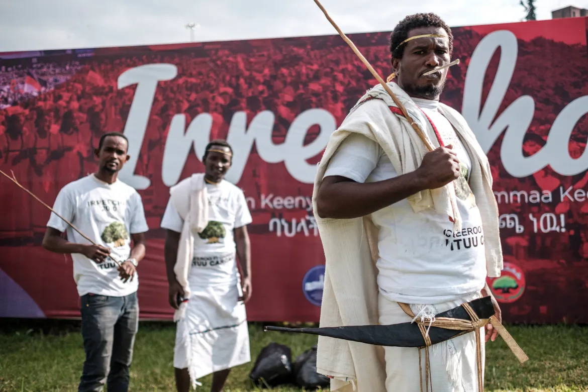 Men in traditional wraps during the celebration of Irreechaa, the Oromo people's festival of thanksgiving, in Addis Ababa