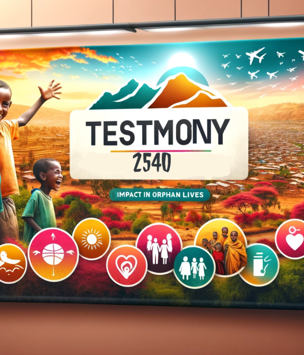 A vibrant banner for Testimony Tour and Travel, set against a beautiful Ethiopian landscape backdrop to convey adventure. Include images of happy chil