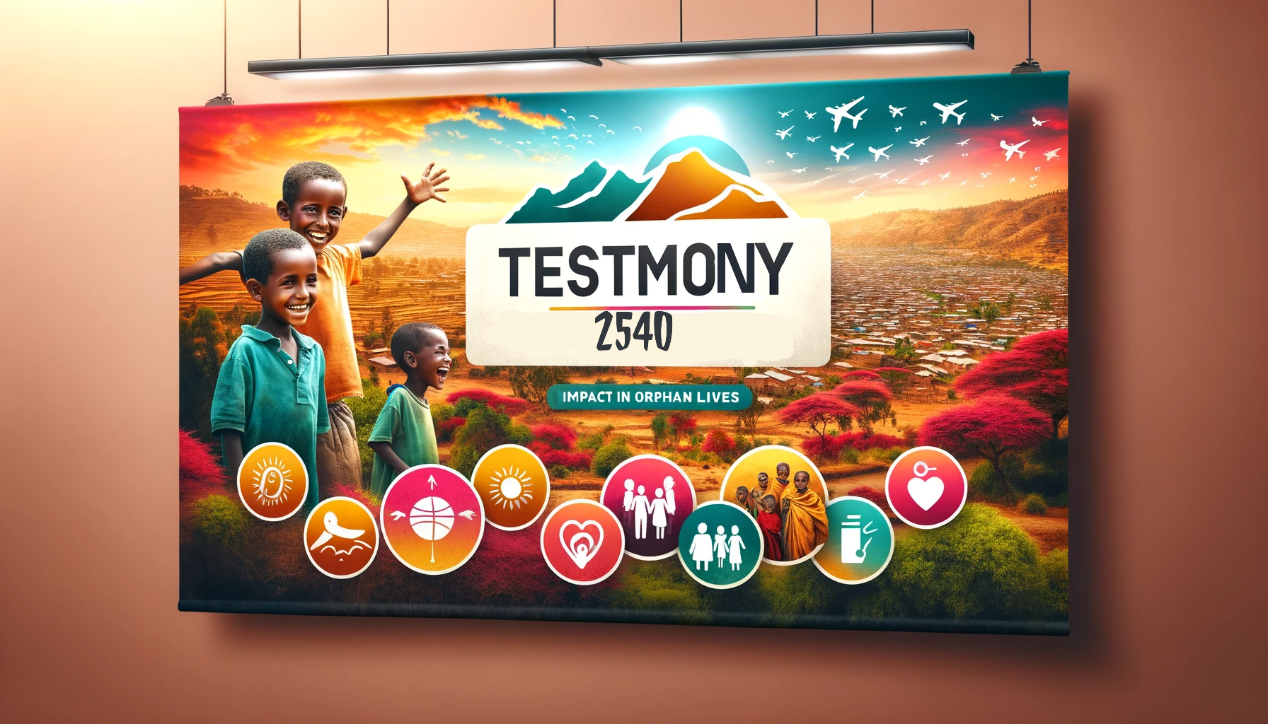 A vibrant banner for Testimony Tour and Travel, set against a beautiful Ethiopian landscape backdrop to convey adventure. Include images of happy chil